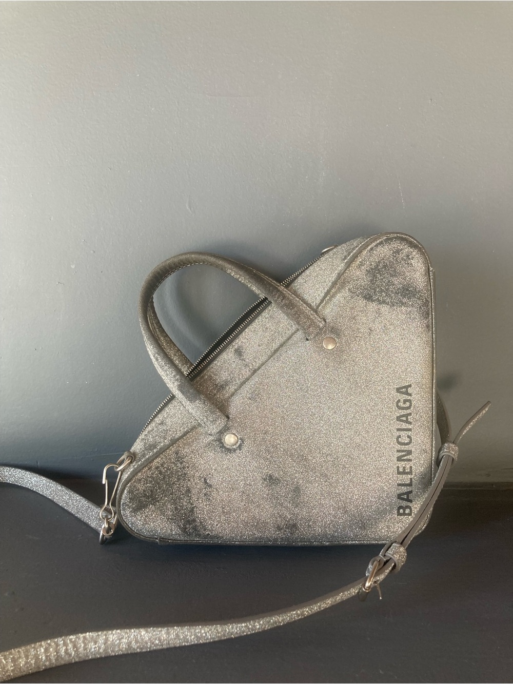Balenciaga Sparkling Silver Triangle Duffle Shoulder Bag